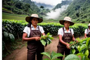 a group of female coffee farmers in a lush green coffee plantation skilfully picking ripe coffee cherries