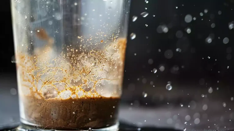 A clear glass filled with cold water with powdered coffee gradually settling at the bottom, showing partial dissolution. Subtle swirls around the powdered coffee are visible.
