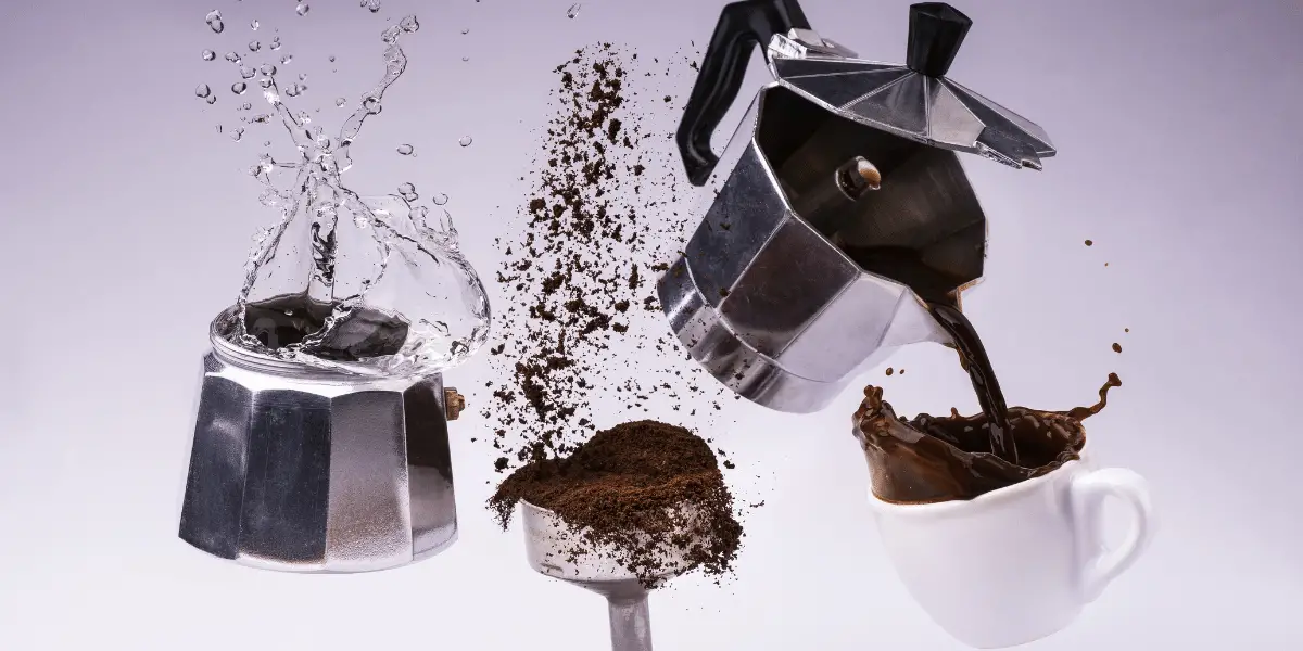 Artistic image of cup of coffee being prepared with a traditional Italian coffee maker