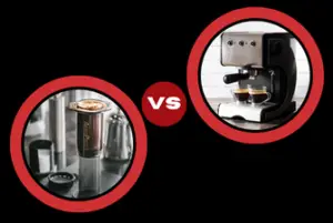A round image of an Aeropress on the left and a round image of an espresso machine on the right. In the middle is a smaller round circle with VS inside.