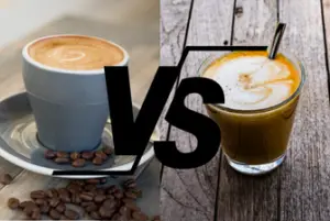 A flat white coffee on the left and a cortado coffee on the right. The photographs are separated by a large VS graphic.