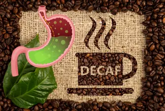A graphic of a stomach with acid and a decaf coffee image on a background of coffee beans.