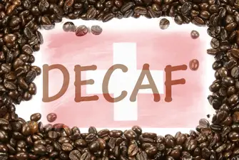 Coffee beans surrounding the word DECAF with a Swiss flag in the background.