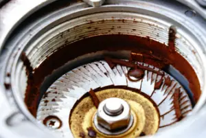 Close up view of a dirty conical burr coffee grinder ready to be cleaned.