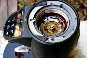 Burr coffee grinder opened up to show burr blades.