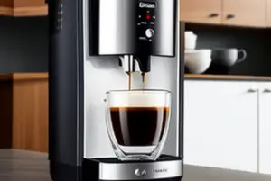 A coffee maker dispensing a hot cup of coffee after heating the water.