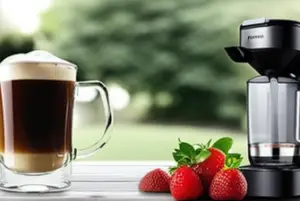 A compact, portable coffee maker outdoors next to a bunch of strawberries and a cup of coffee which is the best battery powered coffee maker.