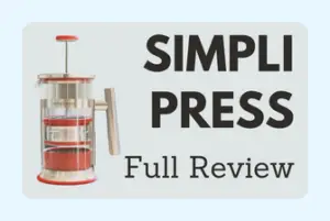 Simpli Press full review featured image design showing the Simpli Press coffee maker on the left and large writing on the right.