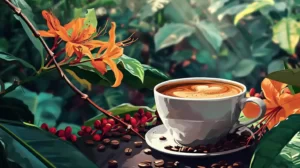 A visually stunning illustration of a cup of light roast organic coffee, surrounded by lush greenery and vibrant flowers. The coffee beans are seen as organic and fresh, with a delicate and light color. The overall feel of the illustration is warm, inviting, and evokes a sense of natural beauty and deliciousness.