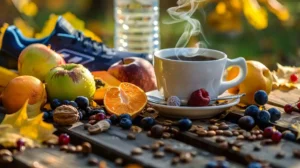 A steaming cup of coffee surrounded by fresh fruits and nuts, with a water bottle in the background, symbolizing the health benefits of coffee for an active lifestyle.