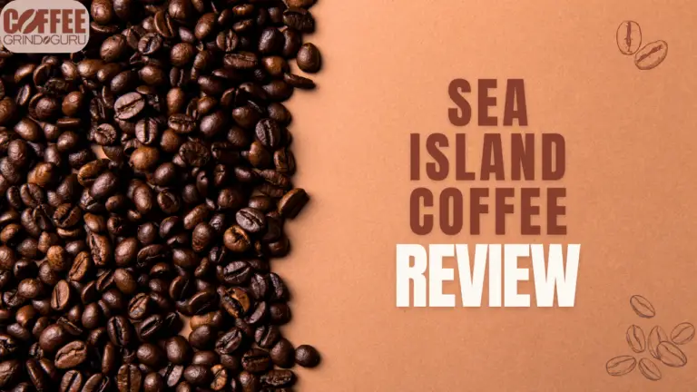 Featured image for Sea Island Coffee Review which has a large amount of coffee beans and the featured text.