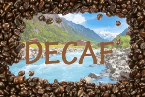 A beautiful Swiss river and mountain photo surrounded by coffee beans with big letters DECAF in the middle.