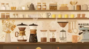 A coffee brewing guide illustration, featuring different brewing methods: pour over, French press, and espresso, with a vintage aesthetic and hand-drawn elements. The background is a rustic kitchen. The colors are warm and inviting, with pops of bright yellow and brown tones.