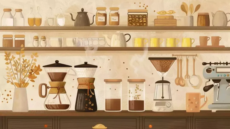 A coffee brewing guide illustration, featuring different brewing methods: pour over, French press, and espresso, with a vintage aesthetic and hand-drawn elements. The background is a rustic kitchen. The colors are warm and inviting, with pops of bright yellow and brown tones.