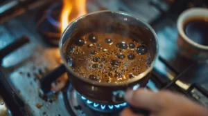 A close-up shot of a small cezve pot filled with finely ground coffee and water, simmering on a gas stove, with bubbles forming on the surface.