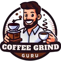 Coffee Grind Guru logo. A modern coffee guru man holding a coffee grinder and a cup of coffee, with the logo text underneath.