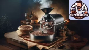 A modern coffee roaster machine mid-roast, beans tumbling, rich brown hues, wisps of steam, with a backdrop of burlap sacks filled with green coffee beans and a rustic wooden table with roasting tools.