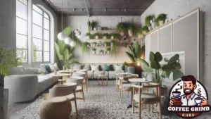 A cozy, modern coffee shop interior with lush green plants, minimalist Scandinavian furniture, exposed brick, pendant lighting, and a patterned tile floor, reflecting 2023 design trends.