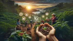 Hands cradling coffee beans, a fair trade symbol, lush coffee plants, and diverse farmers happily harvesting with the sunrise over a sustainable farm in the background.