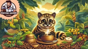 Illustration of a luwak (civet) cat in a lush coffee plantation, surrounded by coffee beans and enjoying a cup of luwak coffee. The scene is set in a vibrant and tropical setting, with a mix of modern and traditional elements. The focus is on the cat's content expression and the luxurious golden tones of the coffee.