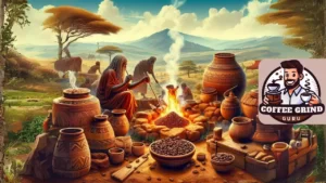 A beautiful detailed illustration showing ancient Ethiopians roasting coffee beans over a fire, with traditional pottery and a rural Ethiopian landscape in the background, to depict the origins of the Buna ceremony.