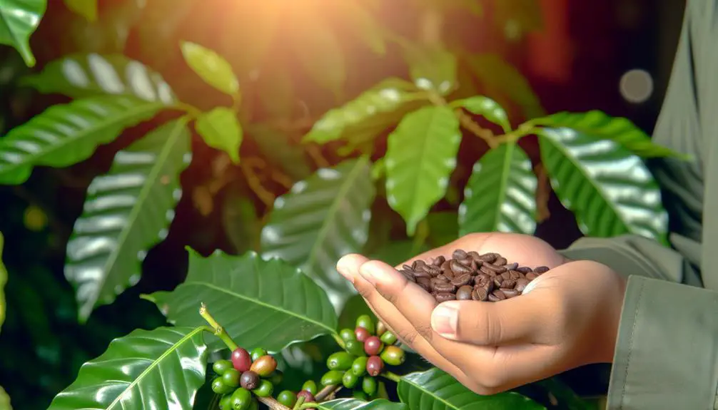 A hand cradling a handful of rich, dark organic coffee beans with a lush coffee plant in the background under soft, natural sunlight.