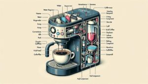A cross-section illustration of a Keurig coffee machine, showing internal components like the water reservoir, heating element, pump, and K-Cup compartment with a coffee brewing process in action.