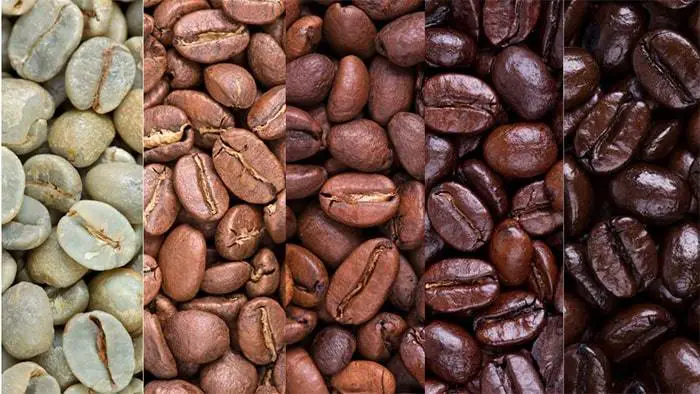 A 5 way split view of the different coffee roast profiles showing beans at different stages with different colors.