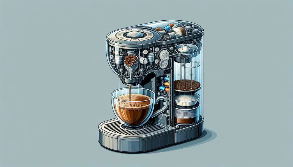 An illustration dissecting a K-Cup Pod in a Keurig, showing water flow, coffee grounds, and filter layers during the brewing process, with a transparent machine side view.