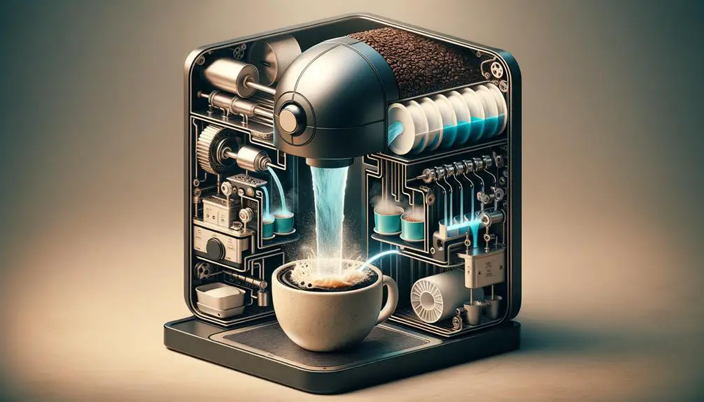 a cross-sectional Keurig machine with water flowing through the heating element, pressurizing, and puncturing a K-Cup, highlighting the coffee extraction process into a mug below.