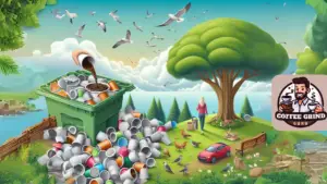 An illustration of a landfill overflowing with disposable K-Cups, adjacent to a clean park with birds and a person filling a reusable K-Cup with coffee beside a flourishing tree.