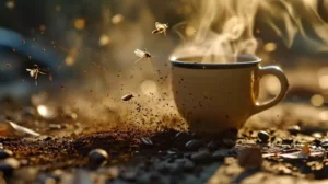 A steaming coffee cup with scattered coffee grounds around it, and mosquitoes visibly repelled and flying away from the cup. Include a background of outdoor patio elements.