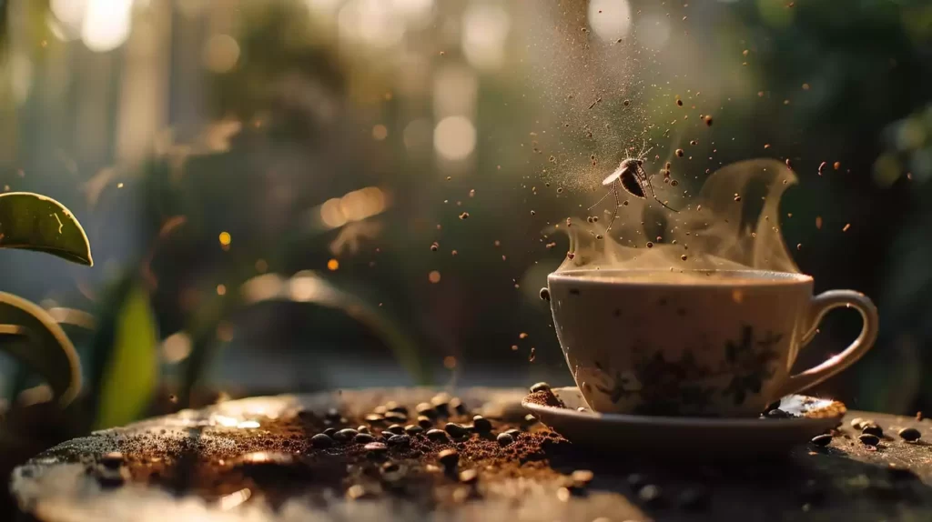 A steaming coffee cup, scattered coffee grounds, and a mosquito hovering with a clear repellent barrier between it and the coffee elements, set in an outdoor patio scene. 