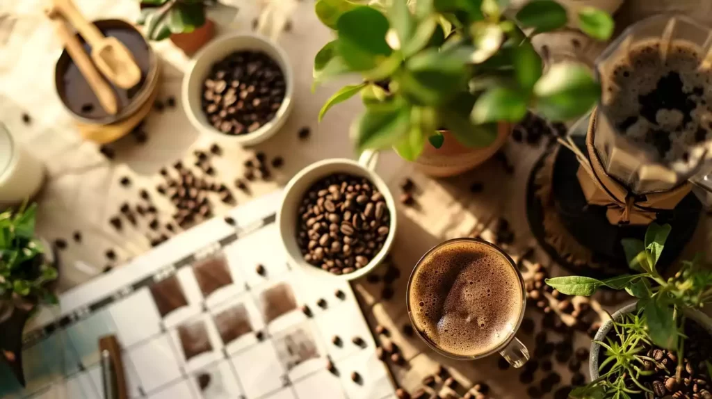 A calendar with coffee grounds scattered on specific days, surrounded by repelled mosquitoes and a serene outdoor coffee scene, indicating regular application intervals.