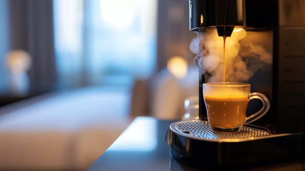 A cup of coffee being brewed in a small single serve hotel room coffee maker, with the hotel room in the background.