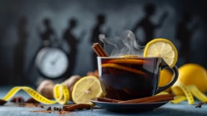 A steaming cup of black coffee with cinnamon sticks and lemon slices floating on top, surrounded by silhouettes of people exercising and losing belly fat. In the background, a scale shows decreasing numbers and a tape measure wraps around a shrinking waistline.
