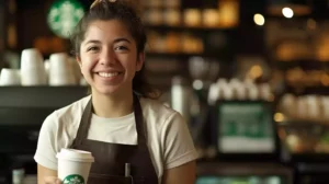 A Starbucks apron-clad barista smiling, holding a cup of coffee, with interview papers on a table, and a Starbucks store background, emphasizing a friendly interview atmosphere.