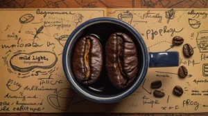 An image of a split coffee bean, one side normal and the other visibly dried out, with a decaf label, surrounded by muted taste descriptors like "mild" and "light," all inside a coffee cup.
