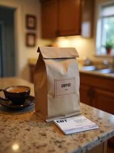 A warm, inviting kitchen scene with a bag of ground coffee on a counter next to an EBT (SNAP) card. The coffee bag has a generic label that reads "COFFEE", and the EBT card is placed neatly beside it.