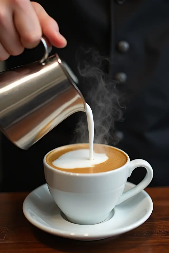 A barista's hand tilting a stainless steel milk pitcher too close to a white ceramic cup's surface, creating an uncontrolled white foam blob in dark espresso. The milk stream appears thick and turbulent, disrupting the crema layer prematurely. Steam wisps rise from the cup while the pitcher hovers mere inches above, demonstrating improper pouring distance and timing technique.