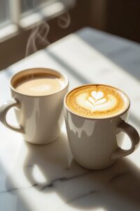 Two ceramic cups sit side-by-side on marble, captured with shallow depth-of-field. Left cup contains café au lait—pale beige liquid with smooth, uniform color throughout. Right cup holds cappuccino—distinct layers visible with dark espresso base, white steamed milk, and thick microfoam crown. Steam rises delicately from both beverages. Warm morning light creates soft shadows, highlighting the contrasting textures and color gradients between the drinks' surfaces.