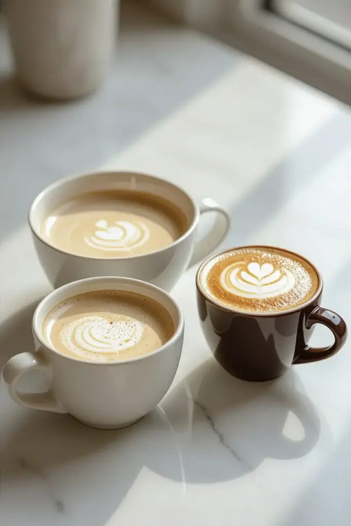 A pristine white marble countertop displays two ceramic cups side-by-side, captured with shallow depth of field. Left: a wide-brimmed bowl-shaped cup filled with pale, creamy café au lait. Right: a smaller traditional cappuccino cup showcasing distinct layers—dark espresso base, steamy milk, topped with thick microfoam peaked like meringue. Soft natural lighting creates subtle shadows, emphasizing the textural contrast between smooth liquid surface and airy foam peaks.
