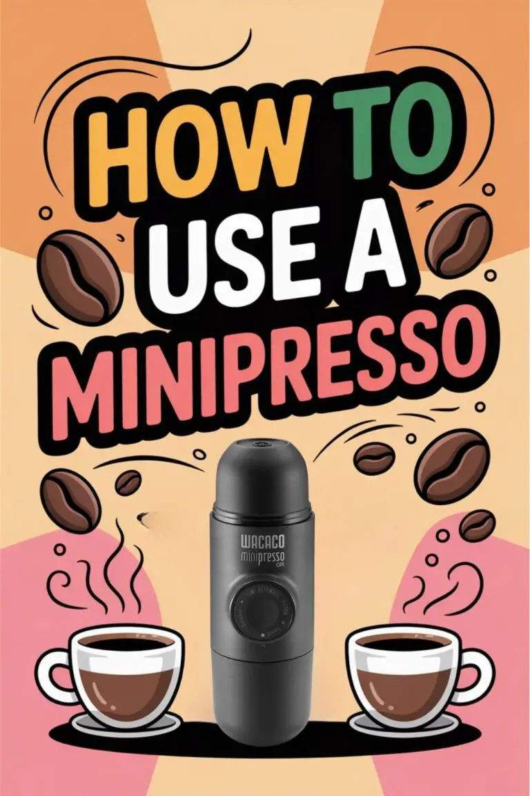 A vibrant design showing a Minipresso espresso machine in the foreground with steaming coffee cups, scattered coffee beans, and swirling steam effects against a colorful coffee-themed background.